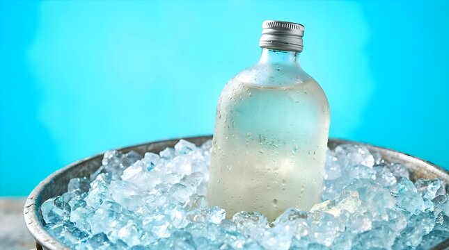 Frosted glass bottle with silver cap chilled in a bucket of ice cubes against a blue background