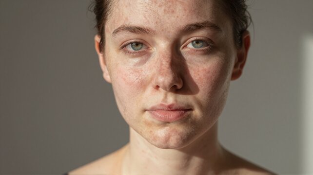 Close-up portrait of a young woman with skin problems. Dermatology concept.
