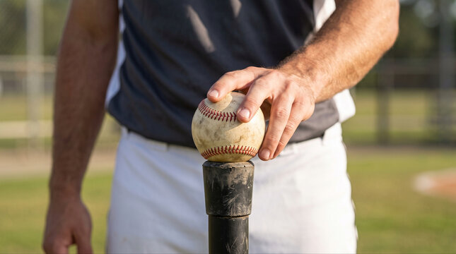 Baseball bat and hands of man in match on field of stadium for training sports practice