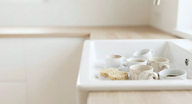 Mugs soaking in sink with sponge in kitchen