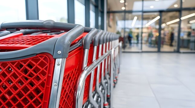 Row of Red Plastic Shopping Carts in a Line at a Modern Supermarket Store Entrance