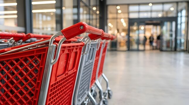 Row of red and grey plastic shopping carts in front of a blurred supermarket entrance