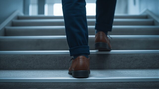 Man climbing stairs. Concept for business growth, career development and personal achievement.