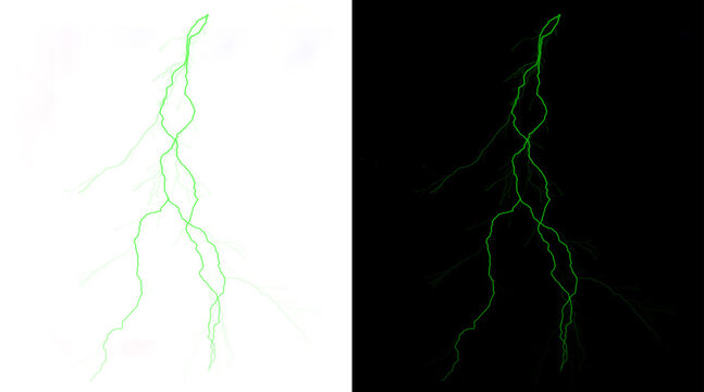 Green lightning bolt strike, neon electric discharge on transparent background, glowing plasma energy effect, weather storm element