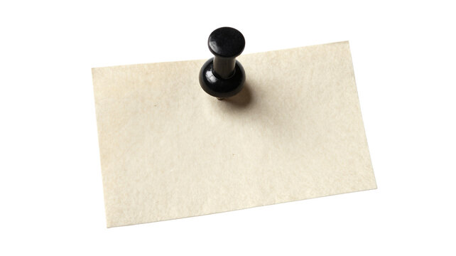 Blank beige note card pinned with a black pushpin on a white background, minimal flat lay style