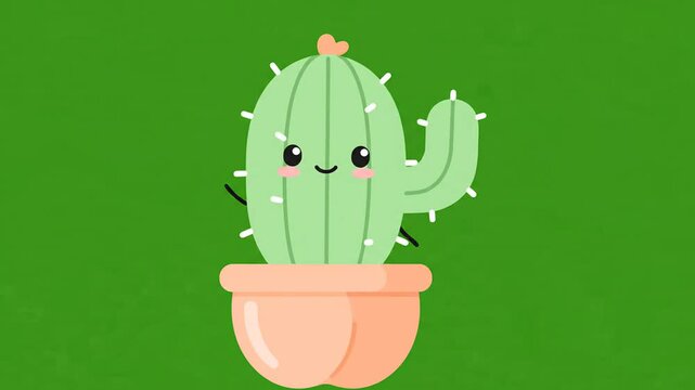 Cheerful cute cactus character in a ceramic pot isolated on green background. Happy succulent animation design element with a friendly smile for creative branding projects.