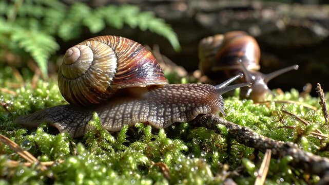 Macro Garden Snail Crawling on Mossy Forest Floor - A close-up macro shot captures a garden snail slowly moving across a vibrant, mossy forest floor.