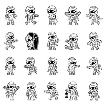 Set of cute cartoon mummies in various poses, funny undead characters for Halloween designs, vector illustrations