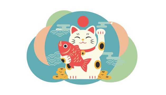 Japanese lucky cat maneki neko holding a red fish on gold coins with a traditional artistic sun and cloud background.