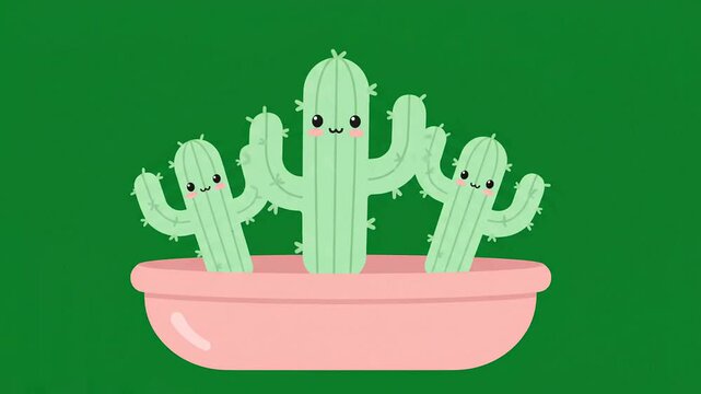 Cute cartoon cactus family in pink pot, funny green succulent characters with smiling faces, happy desert plant vector animation for kids graphic design background elements