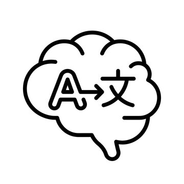 Brain translation icon representing language learning, bilingualism, and artificial intelligence translation technology in black line art