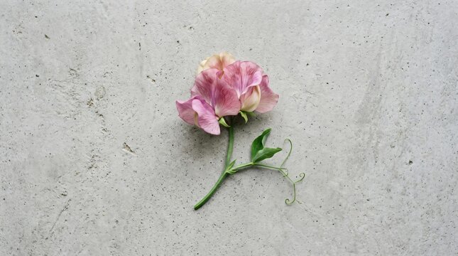 Pink sweet pea flower on gray concrete background. Minimalist floral composition with single blooming plant. Botany and nature concept for greeting card design or spring wall decor.