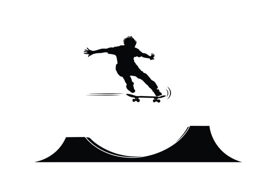 Skateboarder Silhouette Performing A Trick Against A White Background
