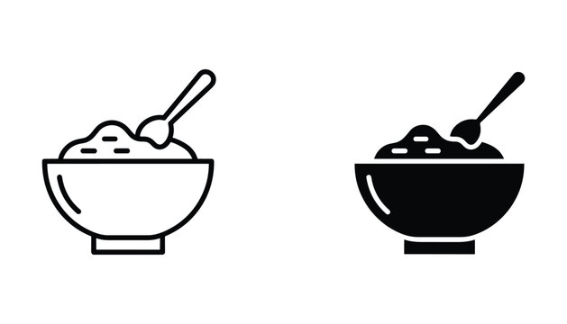 Bowl of food with spoon icon set in outline and solid style representing nutrition meal or healthy eating concept for food delivery apps and restaurant menu interface design elements