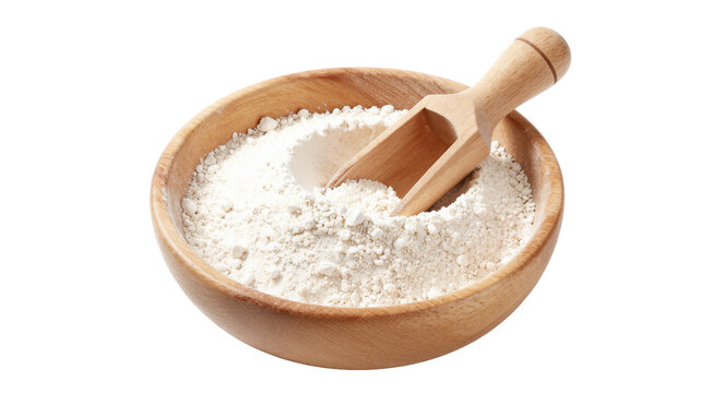 Wooden bowl filled with white flour and a small wooden scoop isolated on a white background