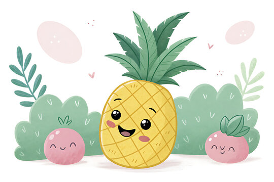 Cute flat pastel cartoon children's book illustration of a smiling pineapple character with fluffy green leaves, pastel colors, rounded shapes, white background.