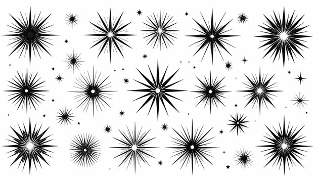 Collection of black starbursts and sparkles with multiple rays on a white background, varying in size and design, creating a radiant effect.