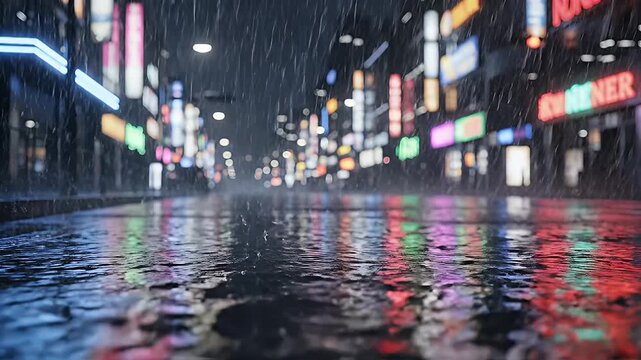 Neon City Street Reflections in Rainstorm at Night - Vibrant neon signs cast colorful reflections on a wet city street during a heavy rainstorm at night.
