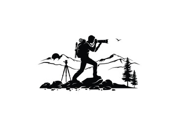 Fototapeta premium Photographer Silhouette With Mountain Landscape And Tripod On White Background