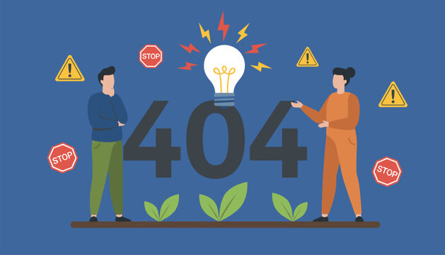 Creative website error 404 page with professional designers solving a technical problem near a giant text sign.