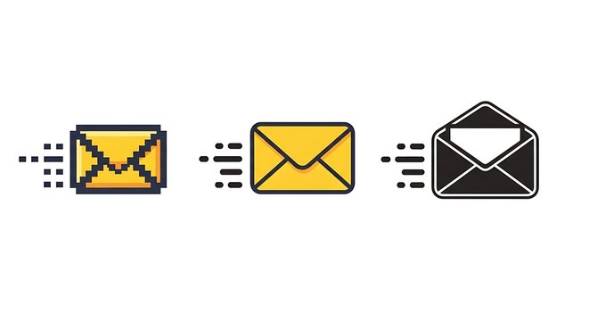 Vector graphic showing evolution of an envelope icon in pixel, flat, and open styles