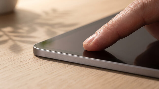 Hand swiping blank digital tablet screen