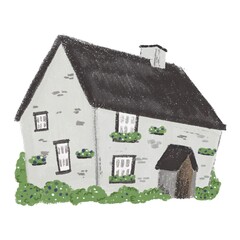 Rural English brick cottage. Isolated funny cartoon hand-drawn illustration, imitation of a chalk drawing. © Ekaterina