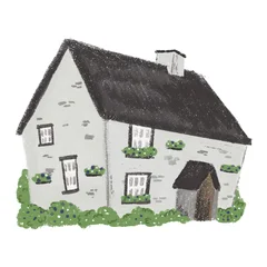 Rural English brick cottage. Isolated funny cartoon hand-drawn illustration, imitation of a chalk drawing. © Ekaterina