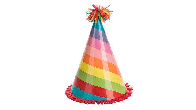 Colorful striped paper birthday party cone hat isolated on transparent background