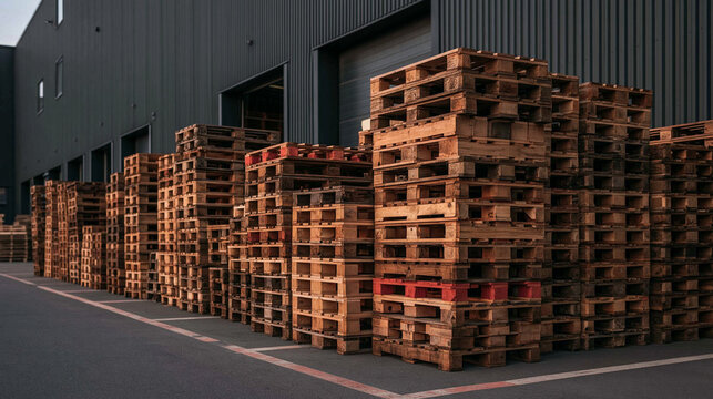 Warehouse Pallets Stacked Outside Building: Rows of wooden pallets are neatly stacked outside a modern industrial building, suggesting logistics and storage operations.