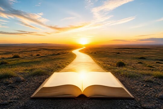 Open Book with Sunlit Path Through Grassland