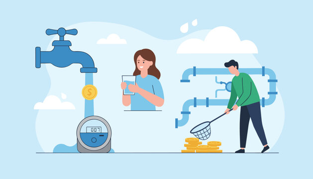 Concept of water conservation features a tap dripping a coin into a meter, a woman drinking, and a man cleaning pipes.