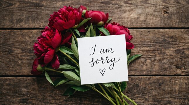 Red peonies bouquet with an I am sorry card on a rustic wooden background
