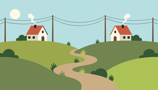 Idyllic country landscape with rolling green hills, a winding dirt path, and two cute cozy houses under a bright sky.