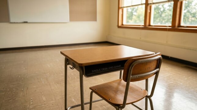Empty classroom desk and chair ready for students to return to school