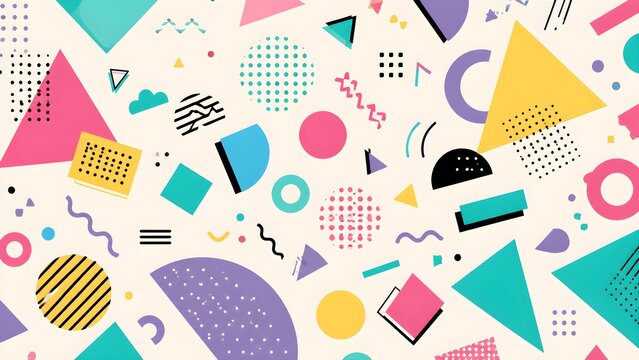 Colorful Memphis style geometric pattern with dots, zigzags, triangles, circles, and abstract shapes, playful retro flat vector seamless background, 16:9.