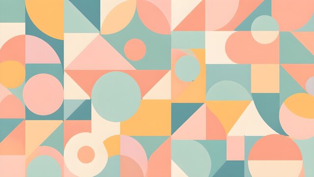 Abstract geometric pattern with overlapping circles, triangles, and rectangles, modern flat design, clean colorful composition, seamless minimal 2D illustration background in soft pastel colors, 16:9.