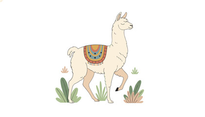 Obraz premium Cute white alpaca llama wearing a colorful patterned tribal saddle walking among green plants on white background.