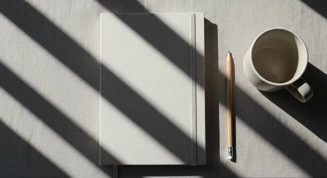 A minimalist notebook and coffee cup on a textured desk in morning sunlight