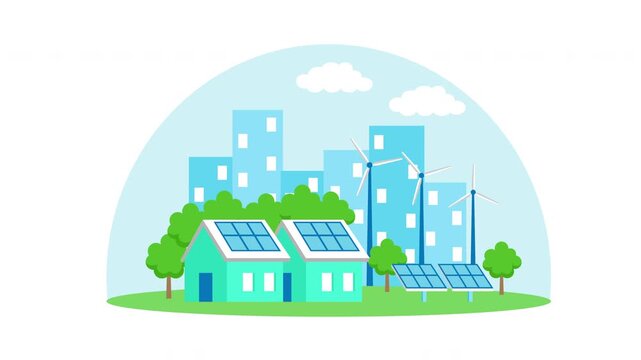 Sustainable smart city with solar panels, wind turbines, eco houses, green trees, and renewable energy. illustration for clean energy, green technology, sustainability, environment.