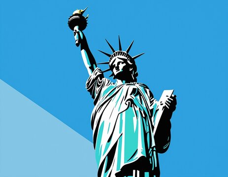 Flat vector illustration of Statue of Liberty under a clear blue sky
