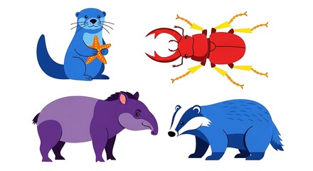 Vibrant cartoon illustrations of an otter, beetle, tapir, and badger, each with distinctive traits © Alexander