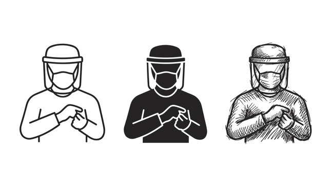 Medical professional in PPE icons: outline, solid, and sketchy styles depicting healthcare worker with face shield and mask