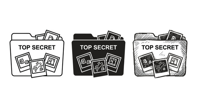 Top Secret manila folder with crime photos icons: outline, solid, and sketchy styles for investigation and classified documents