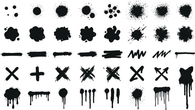 Black ink spray paint splashes and splatter graphic elements with splatter
