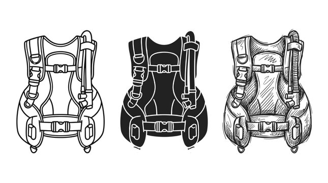 Scuba diving buoyancy control device (BCD) vest in outline, silhouette, and hand-drawn sketch styles