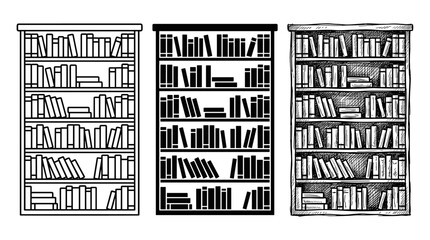 Three bookshelves filled with books, depicted in clean outline, solid black silhouette, and detailed hand-sketched styles, on white. © KirST