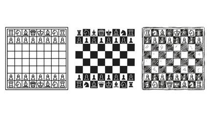 Chessboards with Pieces in Outline, Silhouette, and Hand-Drawn Sketch Styles on White Background © KirST