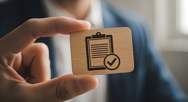 Professional Business Representative Holding a Wooden Block with a Checklist Icon Symbolizing Completion and Approval