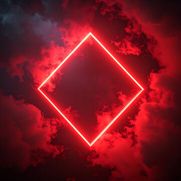 Glowing neon red rhombus-shaped frame hovering mid-air, dense swirling smoke clouds, dark atmospheric background, dramatic volumetric lighting, futuristic abstract composition.